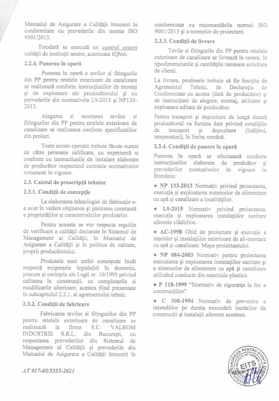 Pagina 6-Aviz si Agrement tehnic -nr 017-05/3555-2021 pentru tevi si fitinguri din PP pentru retele...
