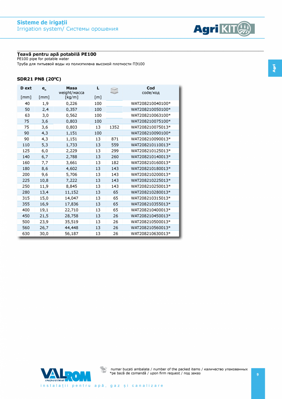Pagina 9-Sisteme pentru irigatii VALROM AgriKIT Catalog, brosura Engleza, Romana, Rusa s
Technical Standard...
