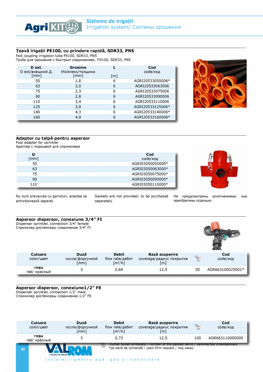 Pagina 32-Sisteme pentru irigatii VALROM AgriKIT Catalog, brosura Engleza, Romana, Rusa 00*
44330262800*...