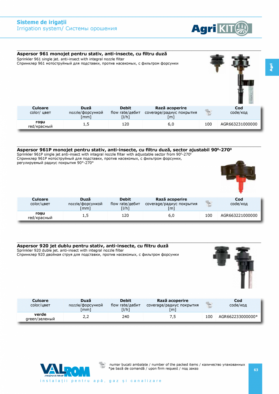Pagina 63-Sisteme pentru irigatii VALROM AgriKIT Catalog, brosura Engleza, Romana, Rusa ти выход для...
