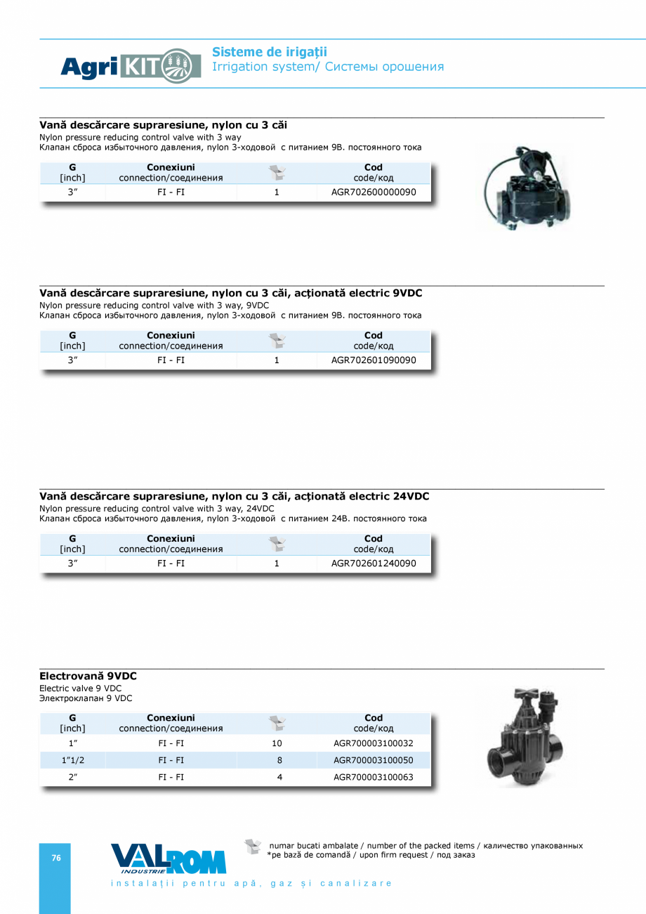 Pagina 76-Sisteme pentru irigatii VALROM AgriKIT Catalog, brosura Engleza, Romana, Rusa пакованных
...