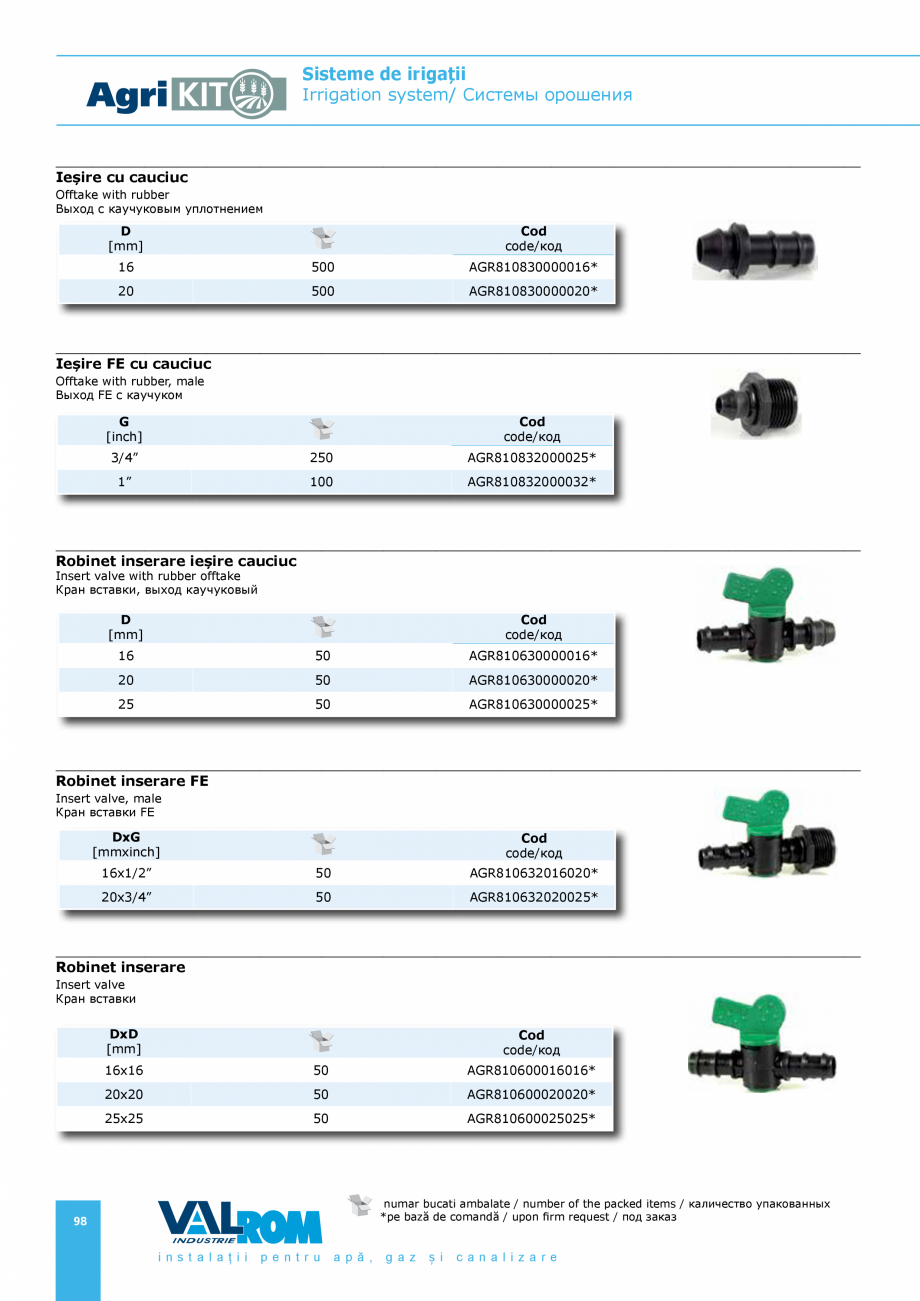 Pagina 98-Sisteme pentru irigatii VALROM AgriKIT Catalog, brosura Engleza, Romana, Rusa crotub PVC
PVC...