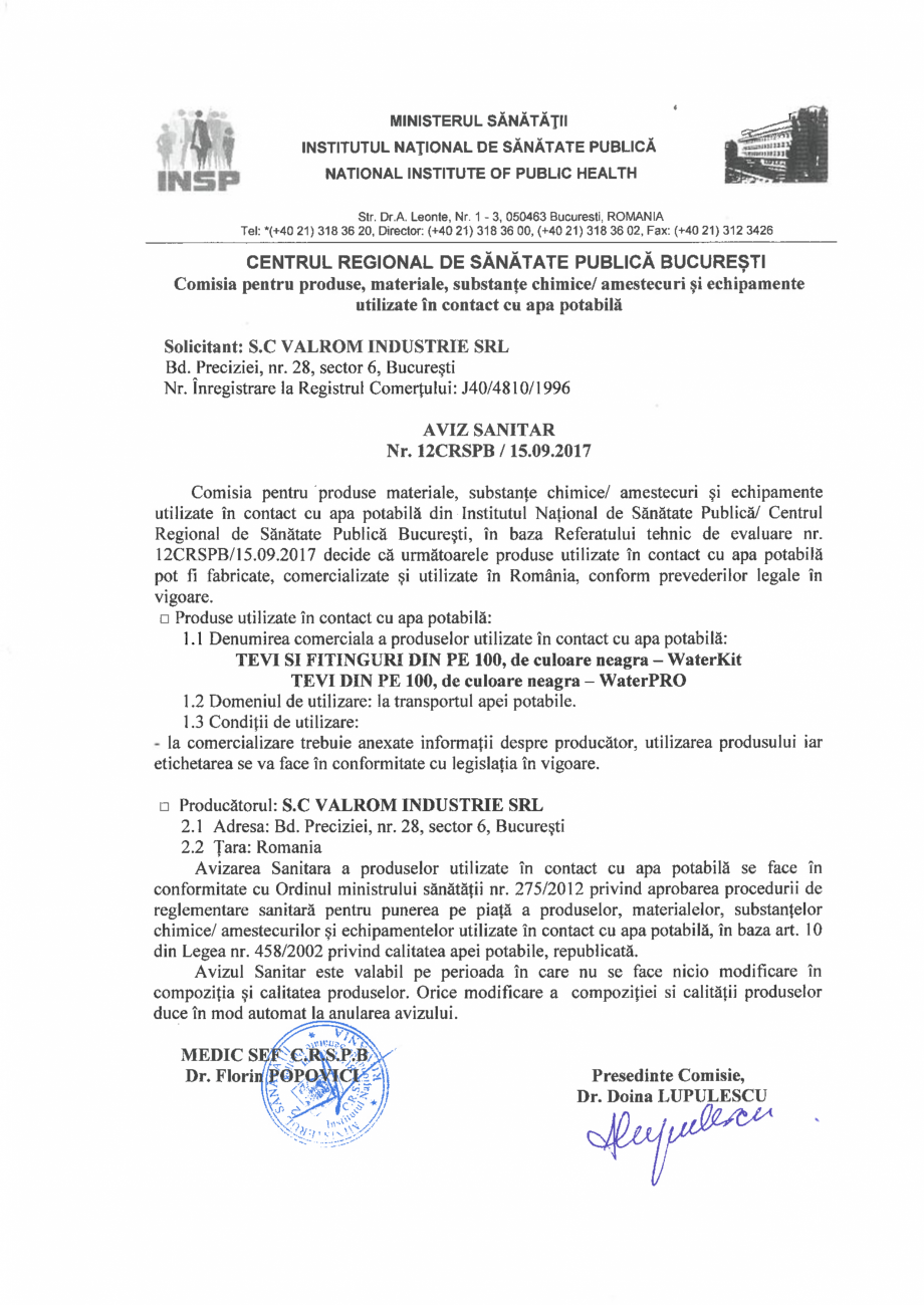 Pagina 1-Aviz sanitar -Țevi și fitinguri PE100 WaterKI și țevi WaterPRO VALROM Certificare produs 
