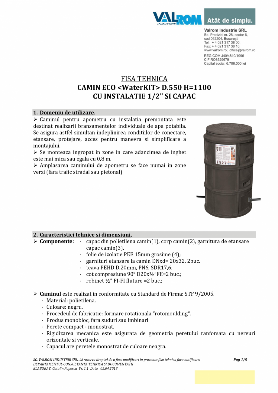 Pagina 1 - Cămin ECO D550 H_1100 cu instalație și capac VALROM Cămine din polietilenă Fisa...