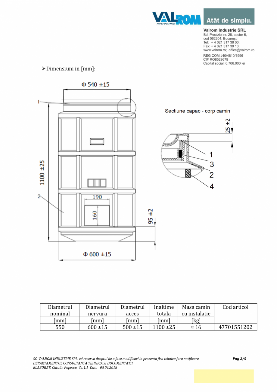 Pagina 2-Cămin ECO D550 H_1100 cu instalație și capac VALROM Cămine din polietilenă Fisa tehnica Romana ...