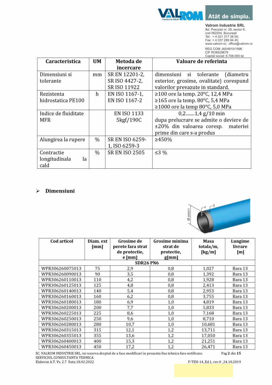 Pagina 2-Țevi WaterPRO PE100 cu fir de inox VALROM Fisa tehnica Romana ia UV.
Caracteristici materie prima...