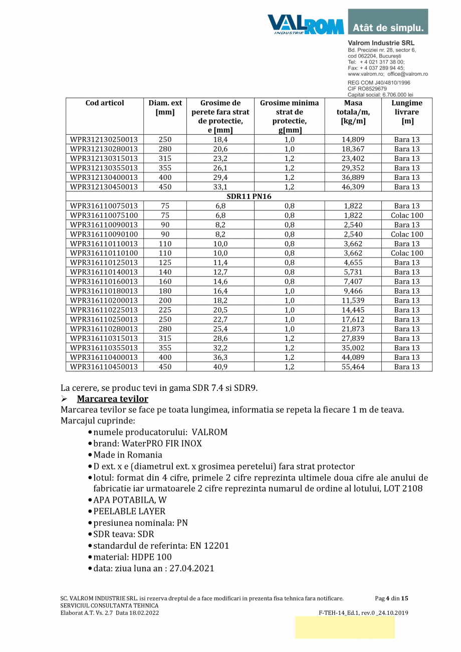 Pagina 4-Țevi WaterPRO PE100 cu fir de inox VALROM Fisa tehnica Romana R306260315013
WPR306260355013...