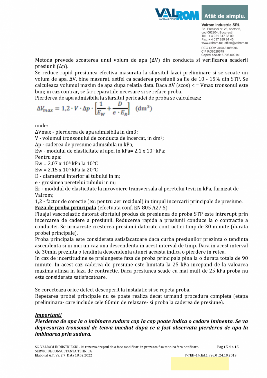 Pagina 15-Țevi WaterPRO PE100 cu fir de inox VALROM Fisa tehnica Romana mai mica cu presiunea nominala pentru...