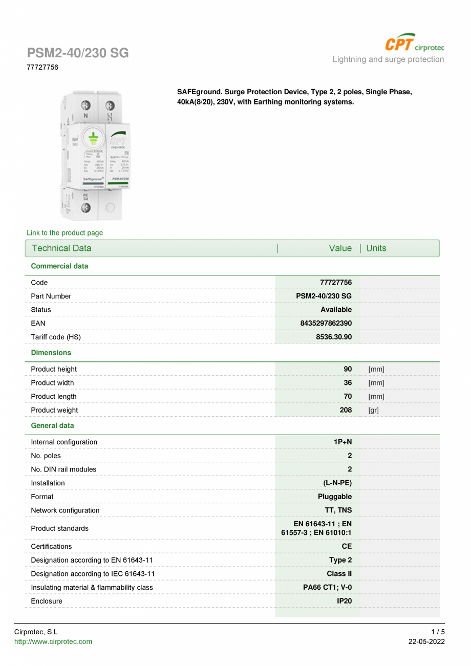 Pagina 1-Dispozitiv de protectie la supratensiune cu sistem de monitorizare - Type 2, 2 poles, Single Phase...