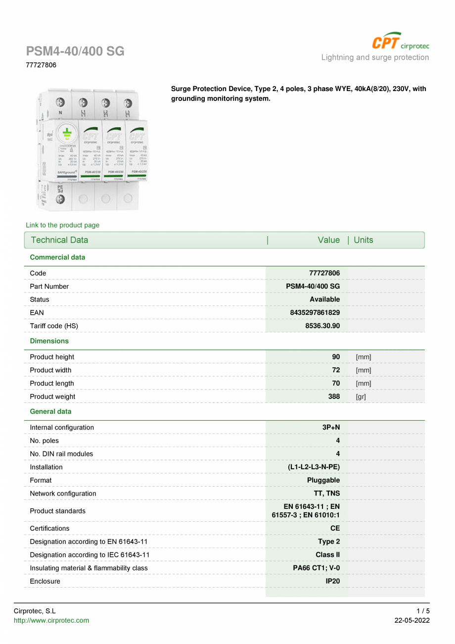 Pagina 1-Dispozitiv de protectie la supratensiune cu sistem de monitorizare -Type 2, 4 poles, 3 phase WYE CPT...