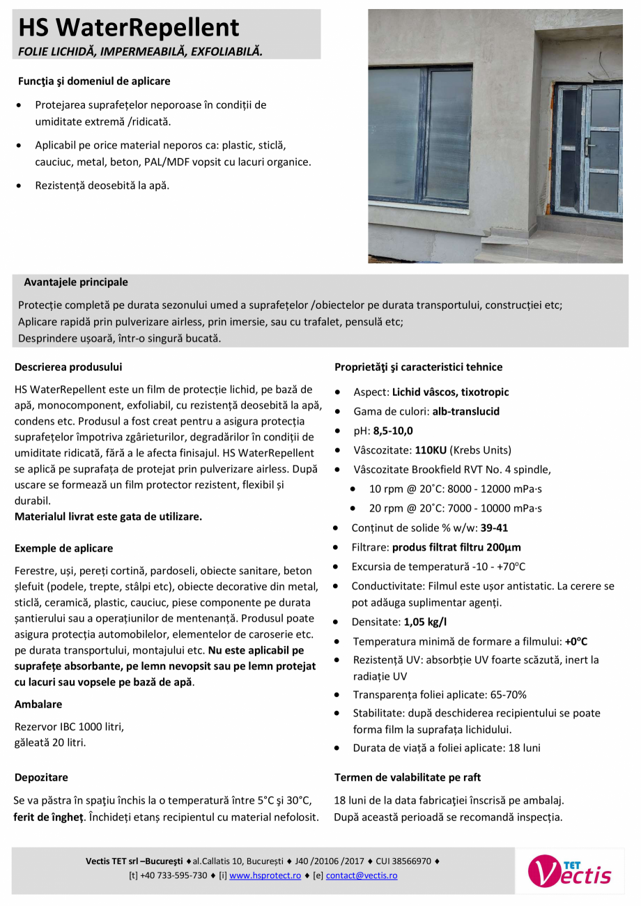 Pagina 1-Folie lichida pentru exterior, exfoliabila HS PROTECT HS WaterRepellent Fisa tehnica Romana HS...