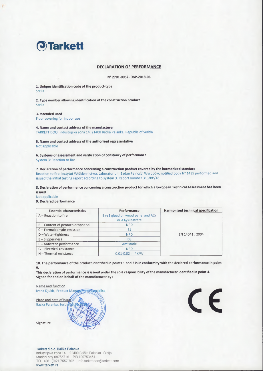 Pagina 1-Declaratie de performanta pentru covor PVC STELLA IQ PROFESIONAL IQ PROFESIONAL Certificare produs...