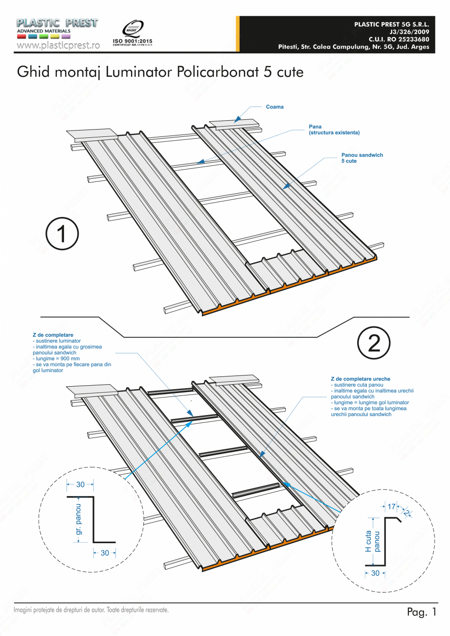Pagina 1-Ghid montaj luminator policarbonat 5 cute PLASTIC PREST Instructiuni montaj, utilizare Romana 
