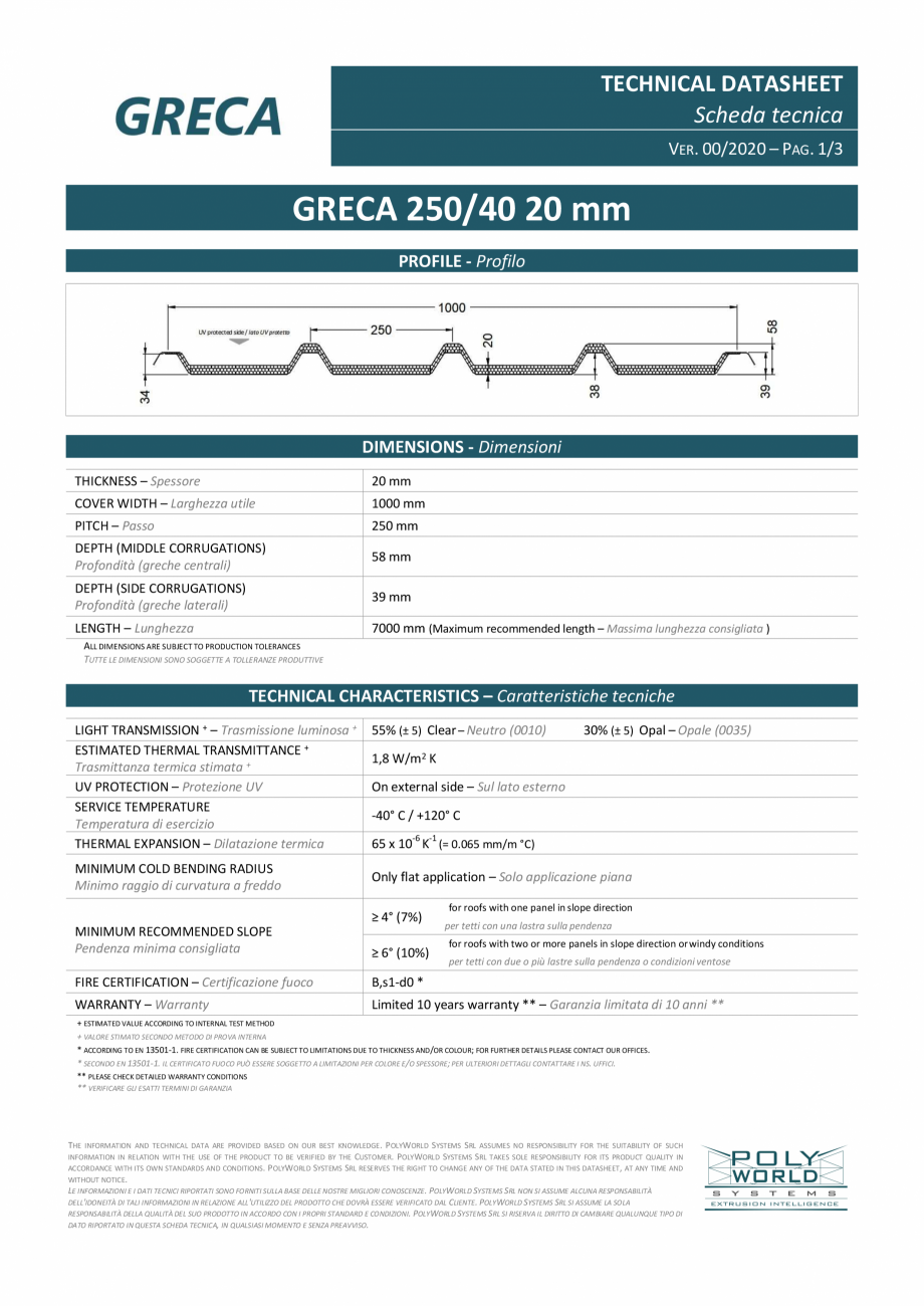 Pagina 1 - Policarbonat GRECA 250/40 20mm pentru luminatoare - POLYWORD PLASTIC PREST Fisa tehnica...