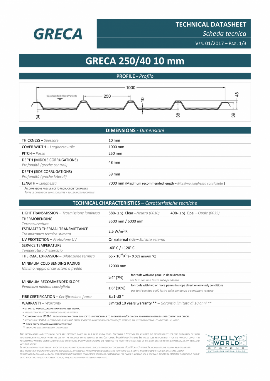 Pagina 1 - Policarbonat GRECA 250/40 10mm pentru luminatoare - POLYWORD PLASTIC PREST Fisa tehnica...