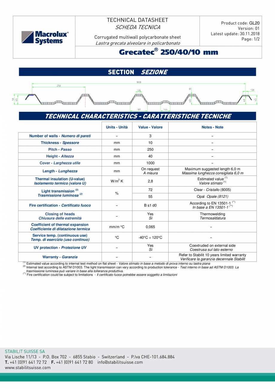 Pagina 1-Policarbonat 10 mm pentru luminatoare - STABILIT (MACROLUX) PLASTIC PREST Fisa tehnica Engleza...