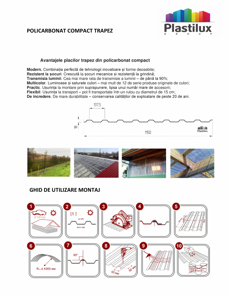 Pagina 1-Ghid de montaj policarbonat cutat PLASTIC PREST CUTAT-TRAPEZ Instructiuni montaj, utilizare Romana...