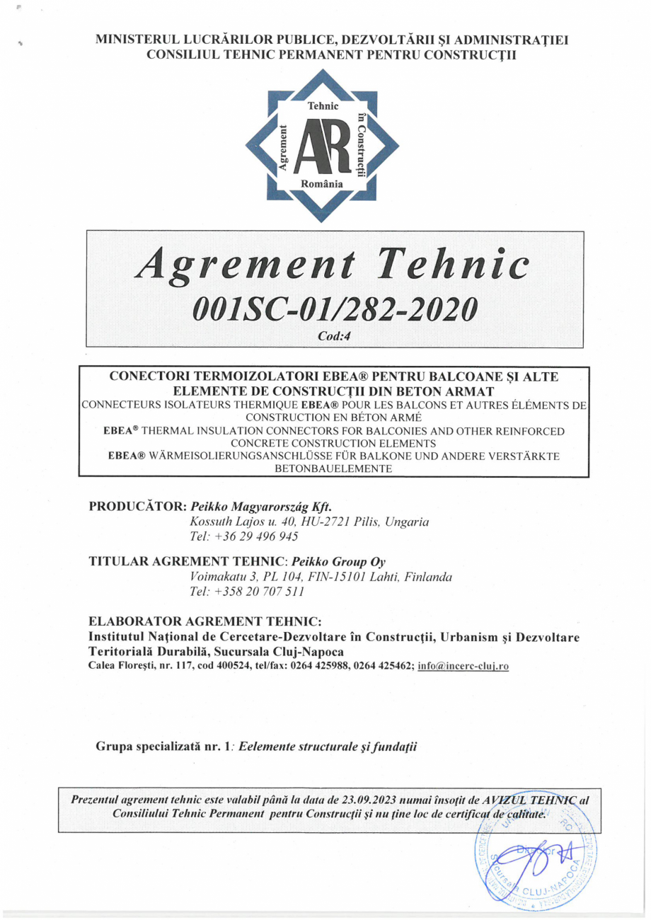 Pagina 1-Agrement Tehnic 001SC-01/282-2020 pentru conectori termoizolatori PEIKKO EBEA® Certificare...