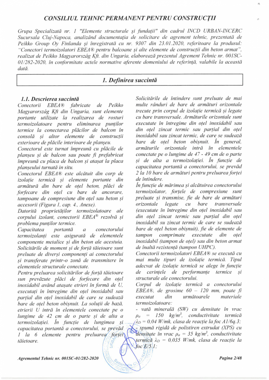 Pagina 2 - Agrement Tehnic 001SC-01/282-2020 pentru conectori termoizolatori PEIKKO EBEA®...