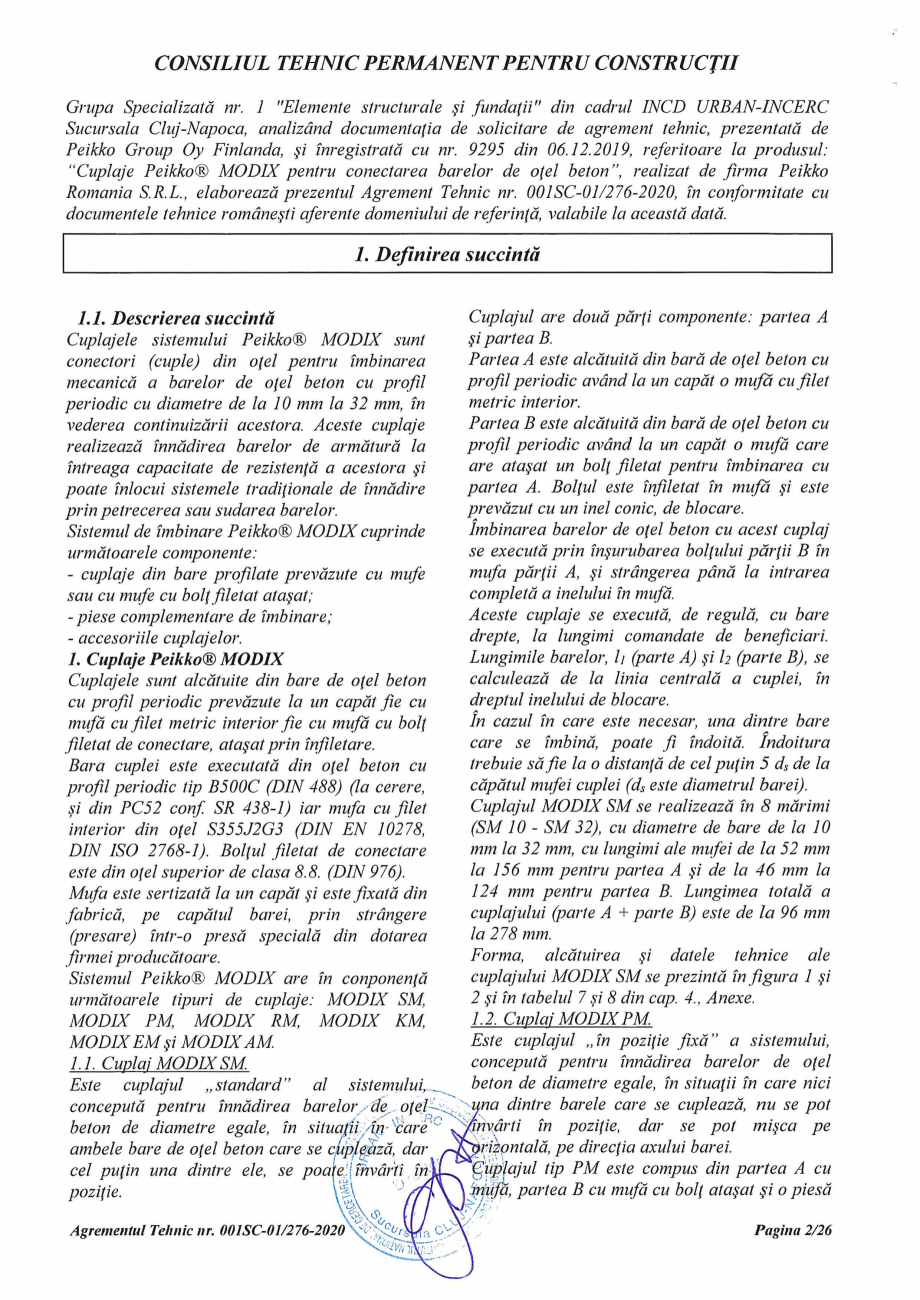 Pagina 2 - Agrement Tehnic 001SC-01/276-2020 pentru cuplaje pentru conectarea barelor de otel beton ...
