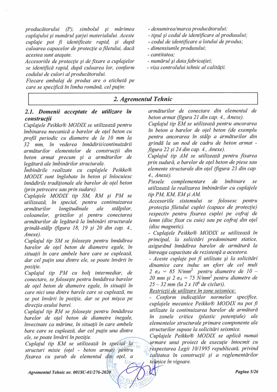 Pagina 5 - Agrement Tehnic 001SC-01/276-2020 pentru cuplaje pentru conectarea barelor de otel beton ...