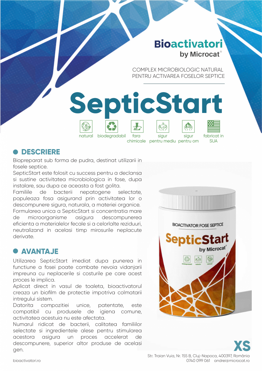 Pagina 1-Bioactivator fosa septica MICROCAT SEPTIC START Fisa tehnica Romana COMPLEX MICROBIOLOGIC NATURAL...