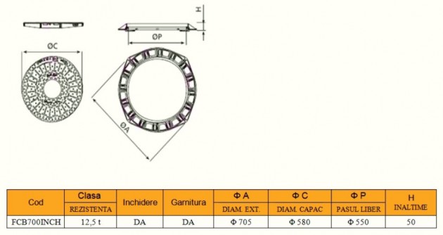 Schiță dimensiuni Capac fonta B125 700*35 cu inchizator pentru canalizari de exterior - FCB700INCH