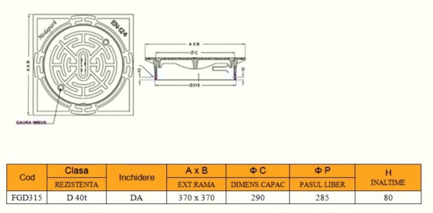Schiță dimensiuni Gratar fonta pentru tub PVC 315 D400 - FGD315