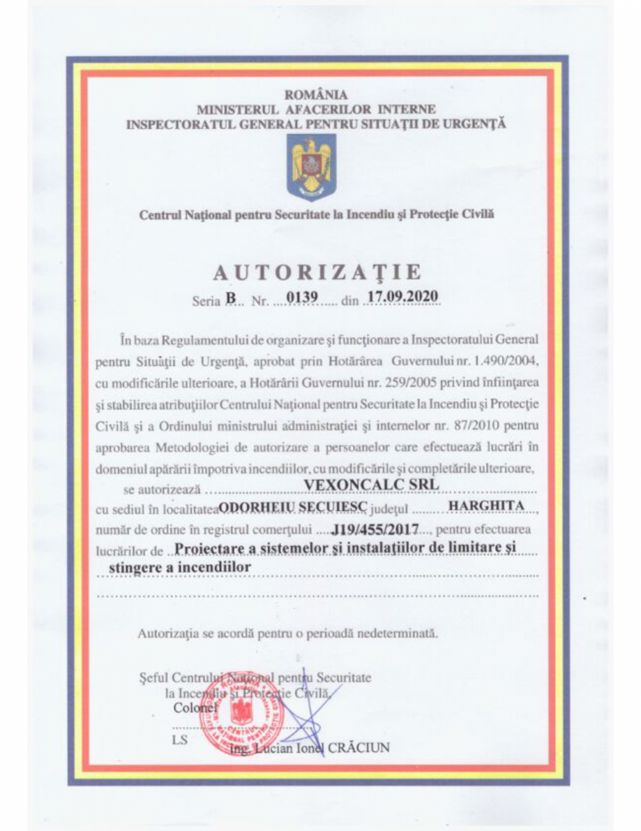 Pagina 1-Autorizatie VEXONCALC - Proiectare a sistemelor si instalatiilor de limitare si stingere a...