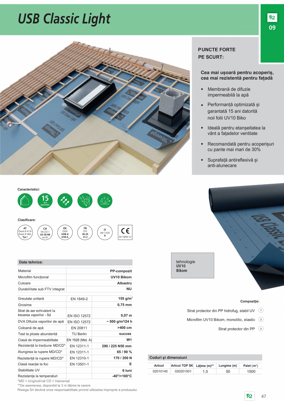 Pagina 1-Membrană de difuzie impermeabilă la apă și permeabilă la vapori Riwega USB Classic Light Fisa...