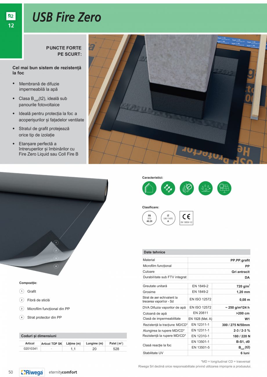 Pagina 1-Membrană folie acoperis de difuzie, impermeabilă la apă și permeabilă la vapori Riwega USB Fire...
