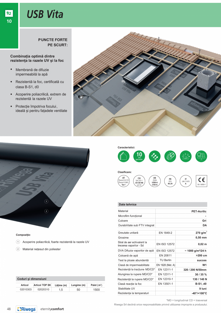 Pagina 1-Membrană de difuzie impermeabilă la apă și permeabilă la vapori Riwega USB Vita Fisa tehnica...