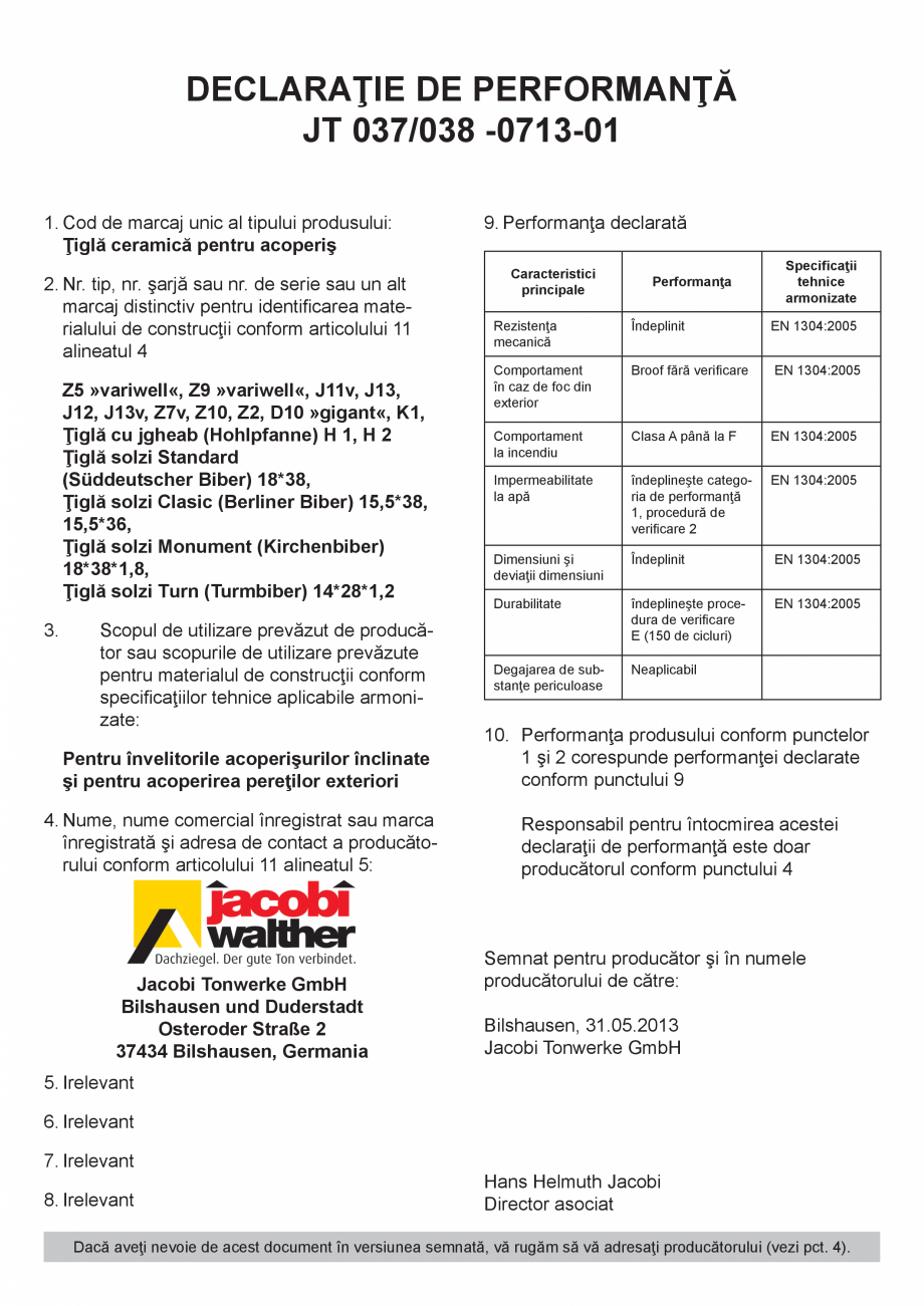 Pagina 1-Declaratie de performanta tiglă ceramică Jacobi Jacobi Walther Modern, Turn, Clasici, Monument,...