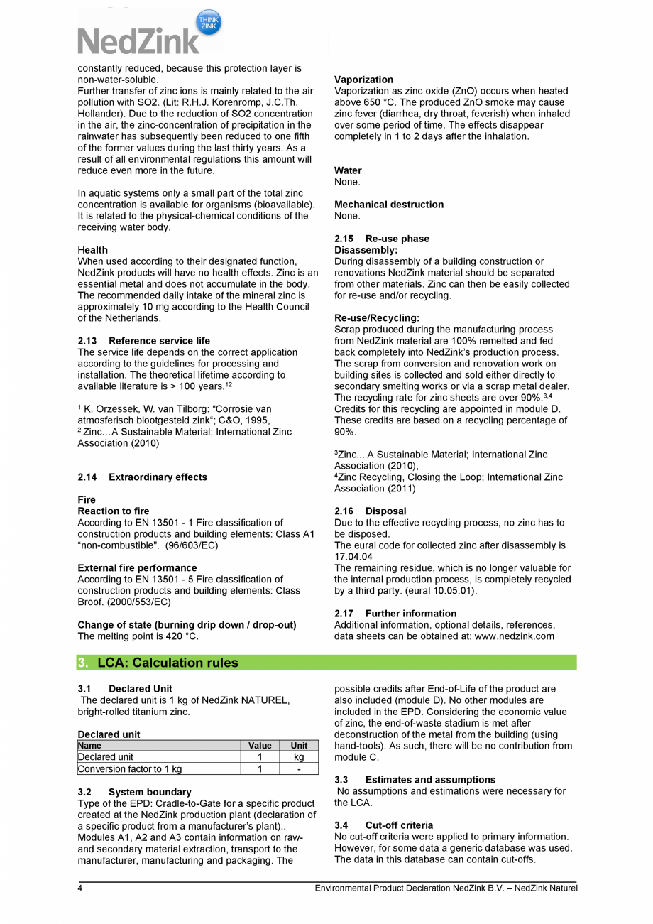 Pagina 4 - Declaratie de mediu NedZink NedZink Certificare produs Engleza used for roof and façade ...