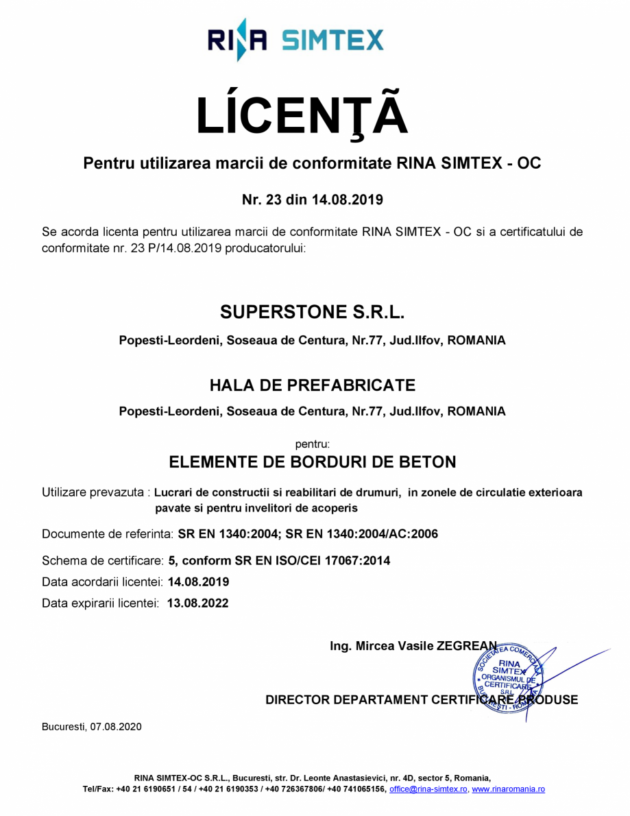 Pagina 1-Licenta pentru utilizarea marcii de conformitate RINA SIMTEX - OC  Nr. 23/14.08.2019 pentru elemente...