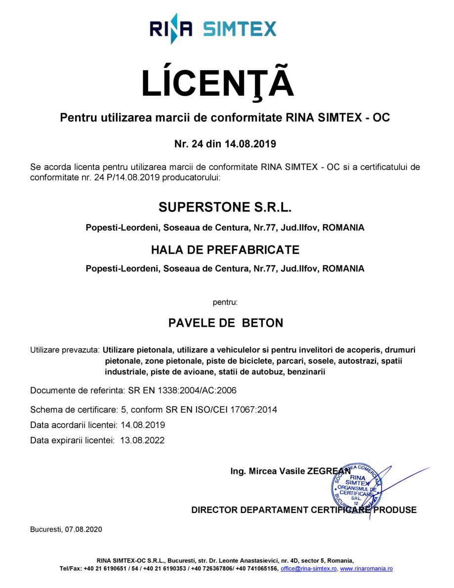Pagina 1-Licenta pentru utilizarea marcii de conformitate RINA SIMTEX - OC Nr. 24 din 14.08.2019 pentru...