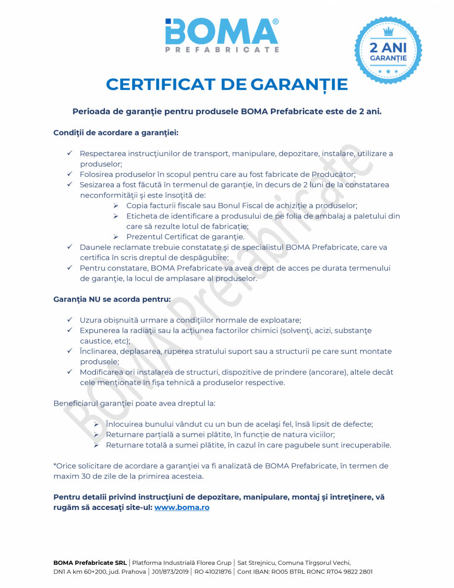 Pagina 1-Certificat de garantie pentru produsele BOMA Prefabricate  Certificare produs Romana CERTIFICAT DE...
