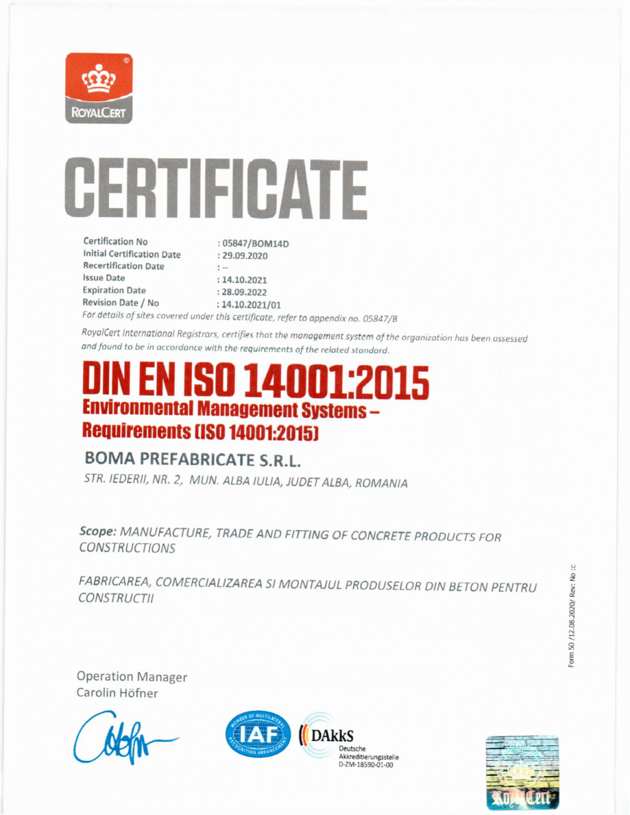 Pagina 1-Certificate-ISO Boma Prefabricate 2021 - pentru fabicarea, comercializarea si montajul produselor...