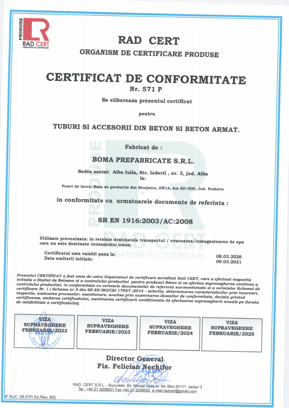 Pagina 1-Certificat de conformitate nr. 571P pentru tuburi si accesorii din beton si beton armat BOMA Tuburi ...