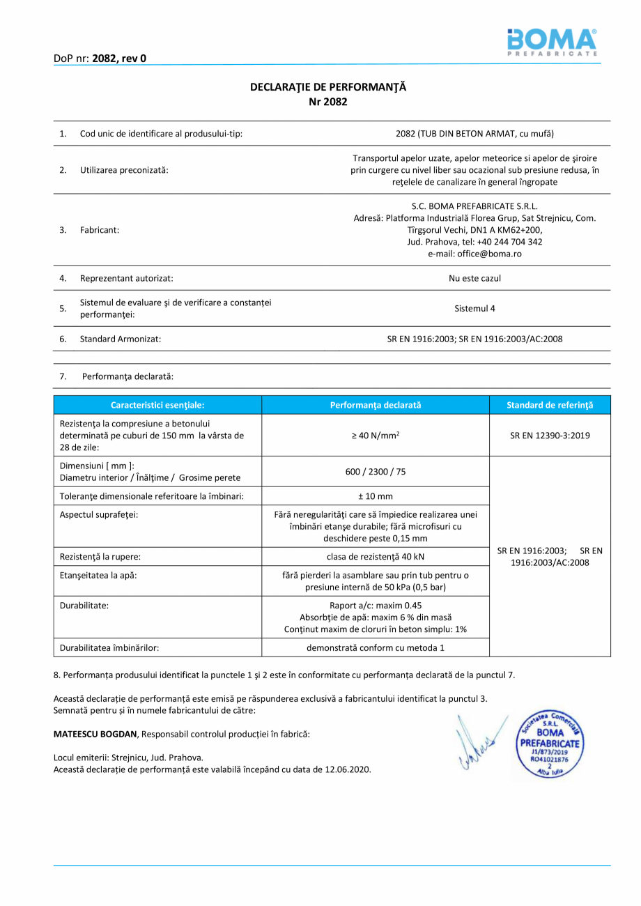 Pagina 1-Declaratie de performanta nr 2082 -Tub cu mufa di 600 BOMA Tuburi cu mufa Certificare produs Romana ...