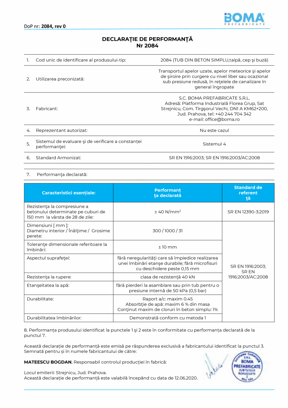 Pagina 1-Declaratie de performanta nr 2084 -Tub cu talpa di 300 BOMA Tuburi cu talpa, cep si buza Certificare...