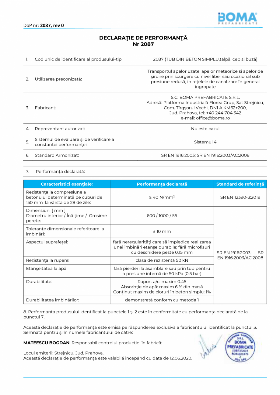Pagina 1-Declaratie de performanta nr 2087 -Tub cu talpa di 600 BOMA Tuburi cu talpa, cep si buza Certificare...