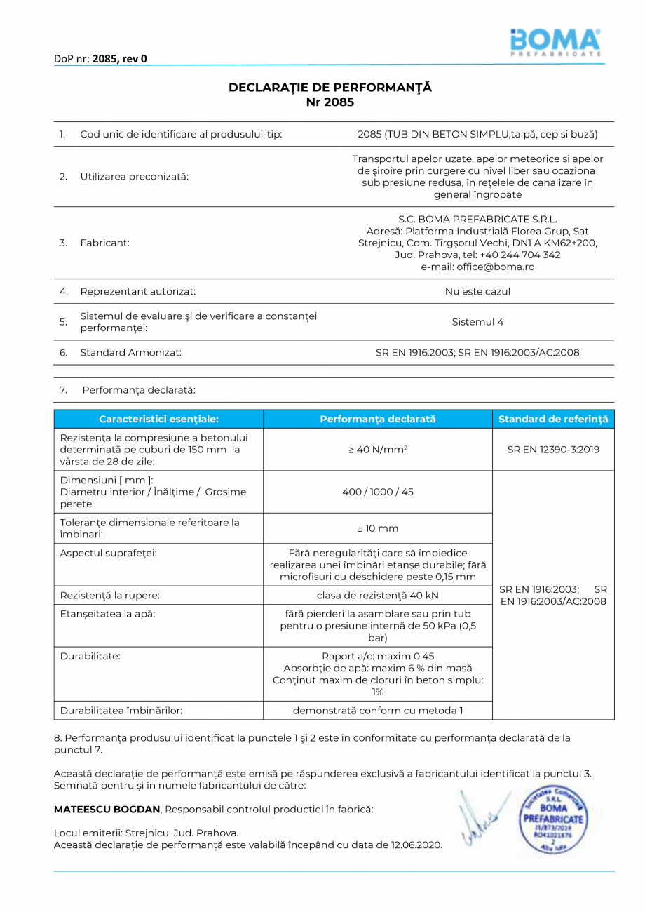 Pagina 1-Declaratie de performanta nr 2085 -Tub cu talpa di 400 BOMA Tuburi cu talpa, cep si buza Certificare...