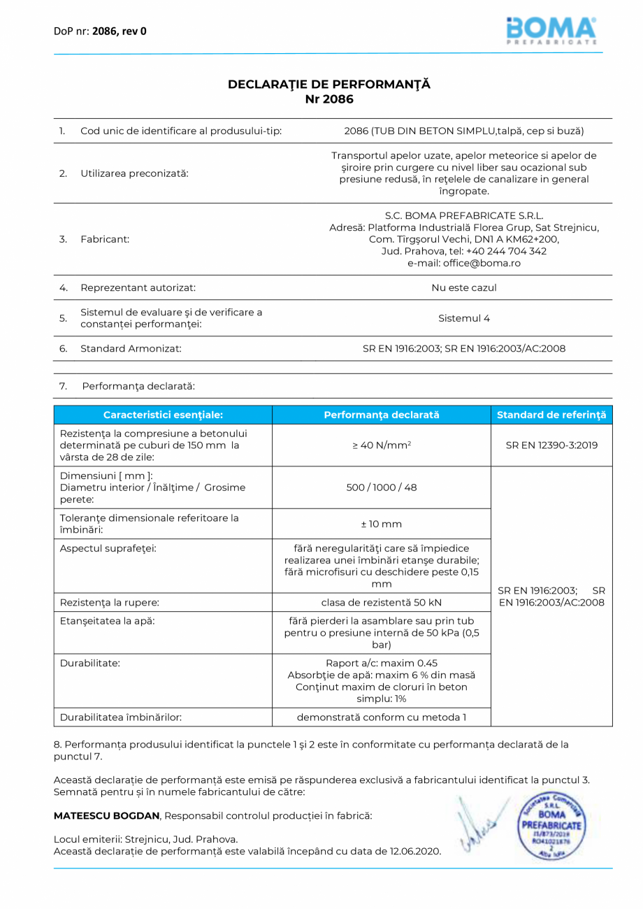 Pagina 1-Declaratie de performanta nr 2086 -Tub cu talpa di 500 BOMA Tuburi cu talpa, cep si buza Certificare...