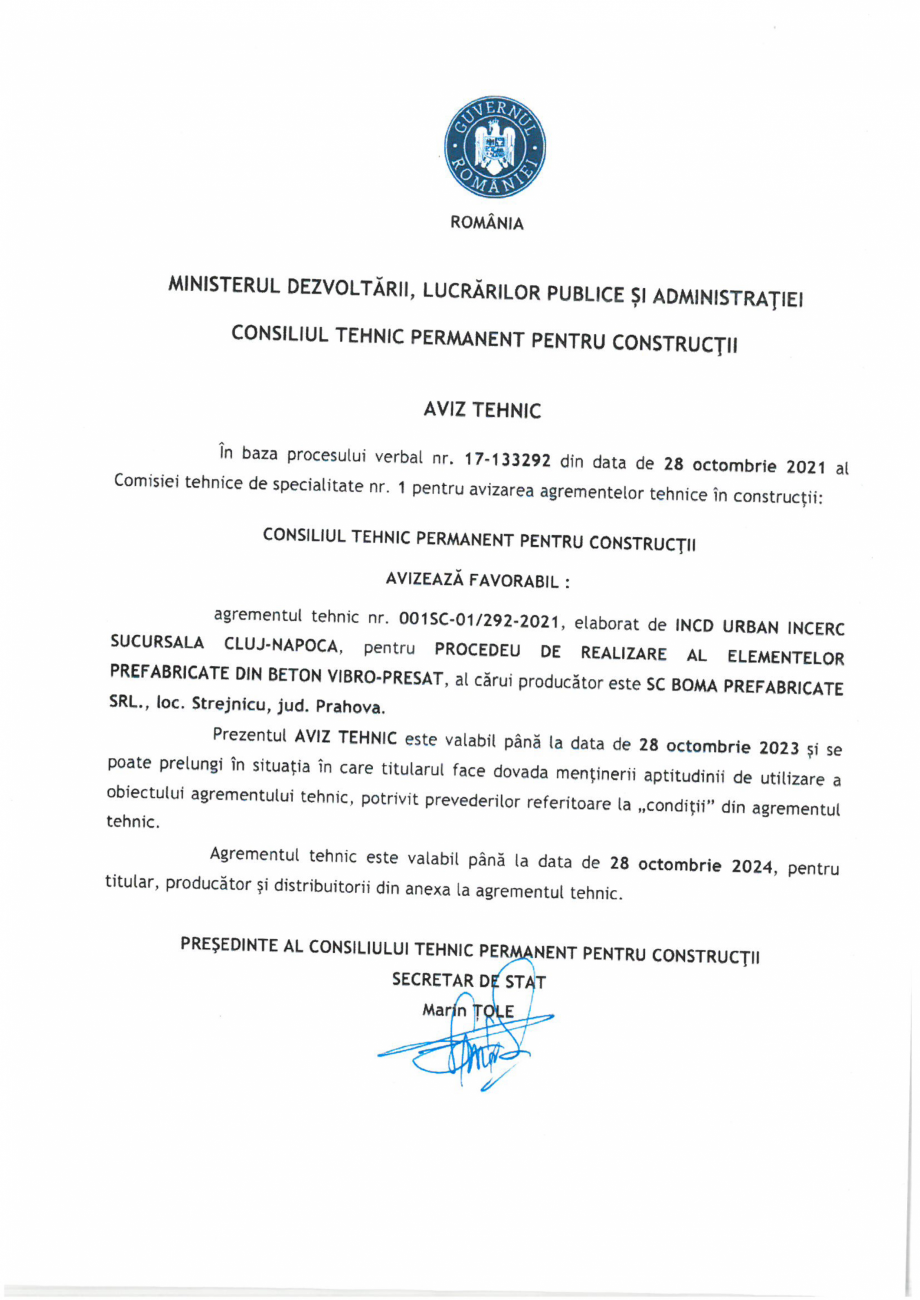Pagina 1-Aviz Tehnic - BOMA PREFABRICATE-SRL - nr 17-133292 pentru realizarea elementelor prefabricate din...
