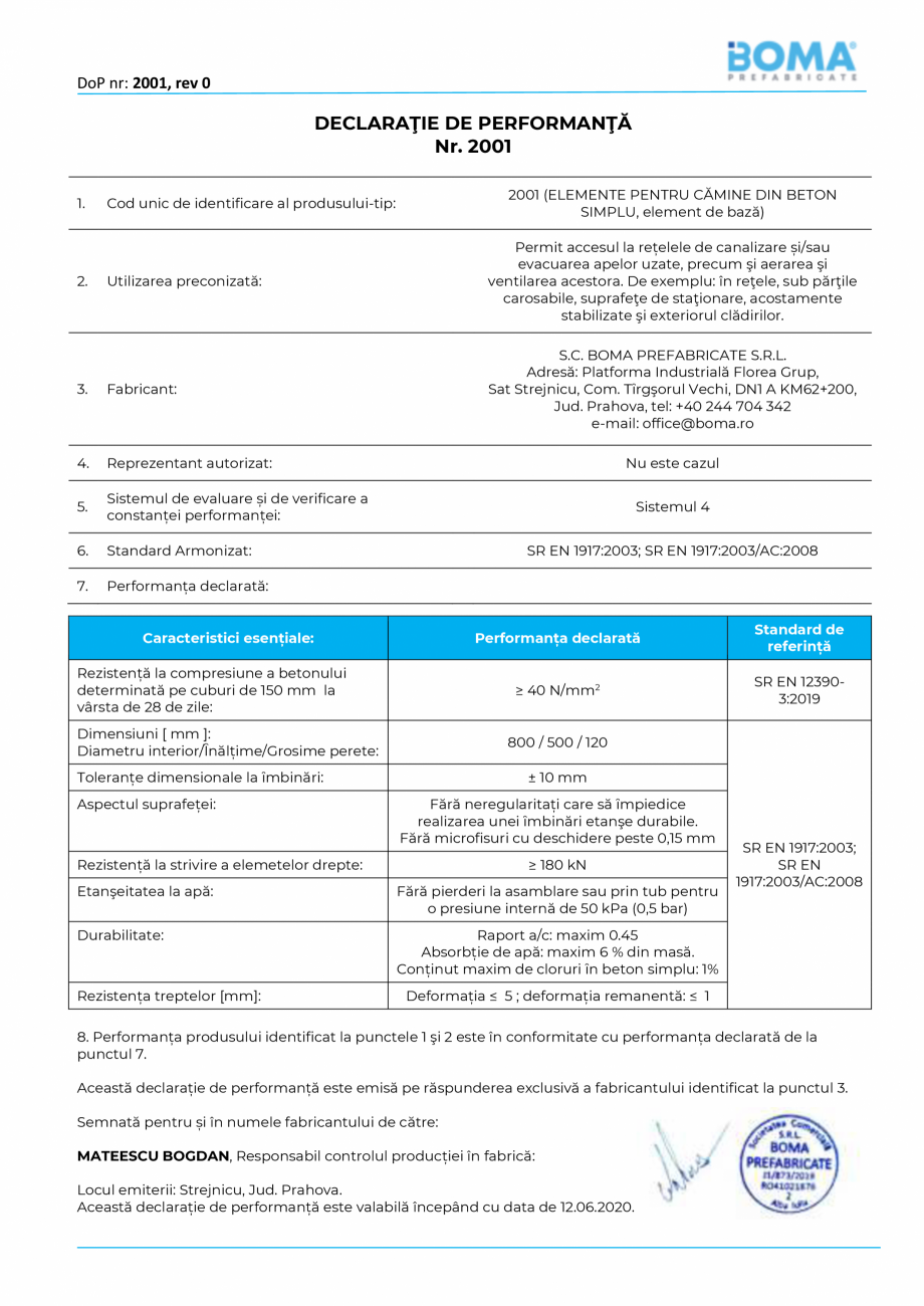 Pagina 1-Declaratie de performanta nr 2001 - Element de baza pentru camine di 800 H 500 BOMA Element de baza ...
