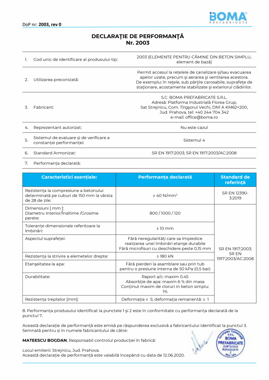Pagina 1-Declaratie de performanta nr 2003 - Element de baza pentru camine di 800 H 1000 BOMA Element de baza...