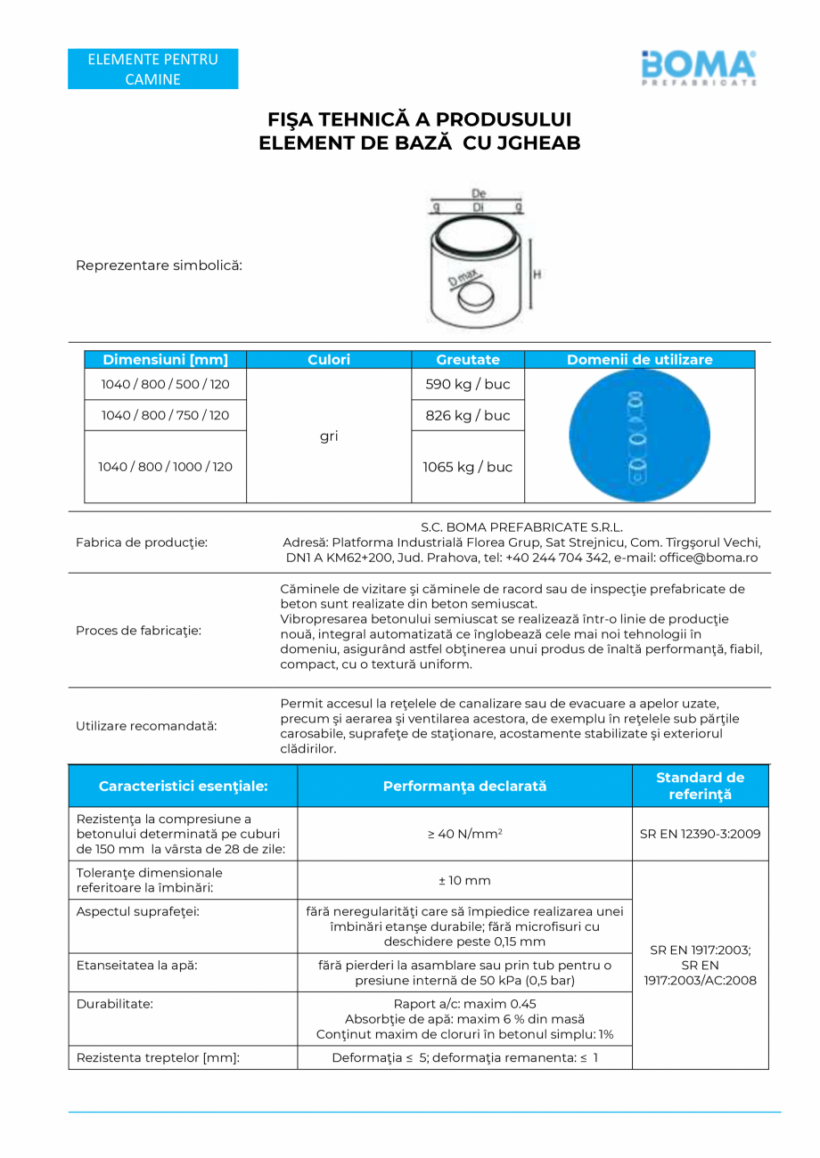 Pagina 1 - Fisa tehnica - Elemente de baza cu jgheab pentru camine 800 mm BOMA Element de baza cu...