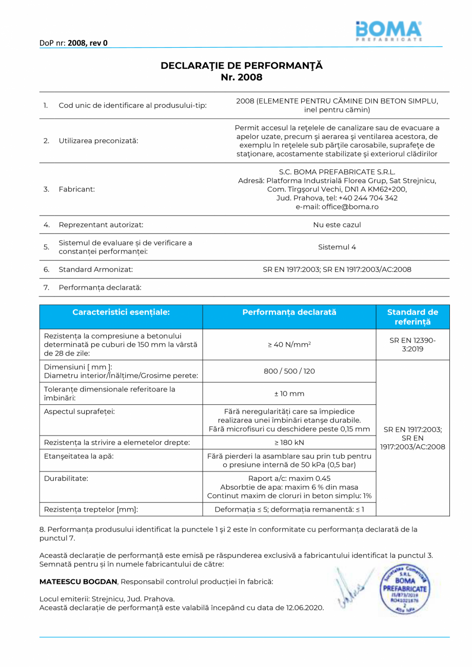 Pagina 1-Declaratie de performanta nr. 2008 - Inel pentru camin di 800 H 500 BOMA Inel pentru camine - 800...