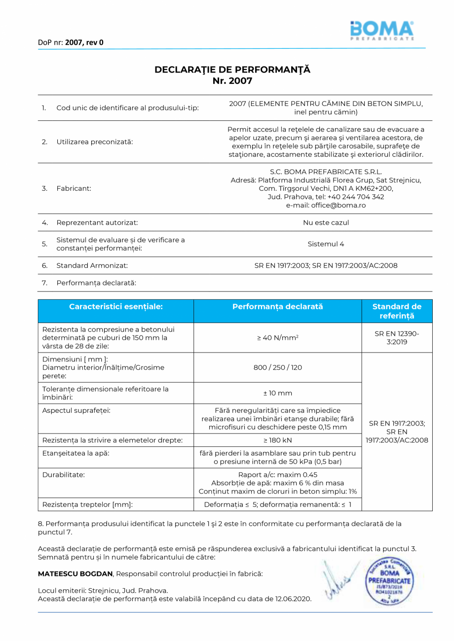 Pagina 1-Declaratie de performanta nr. 2007 - Inel pentru camin di 800 H 250 BOMA Inel pentru camine - 800...
